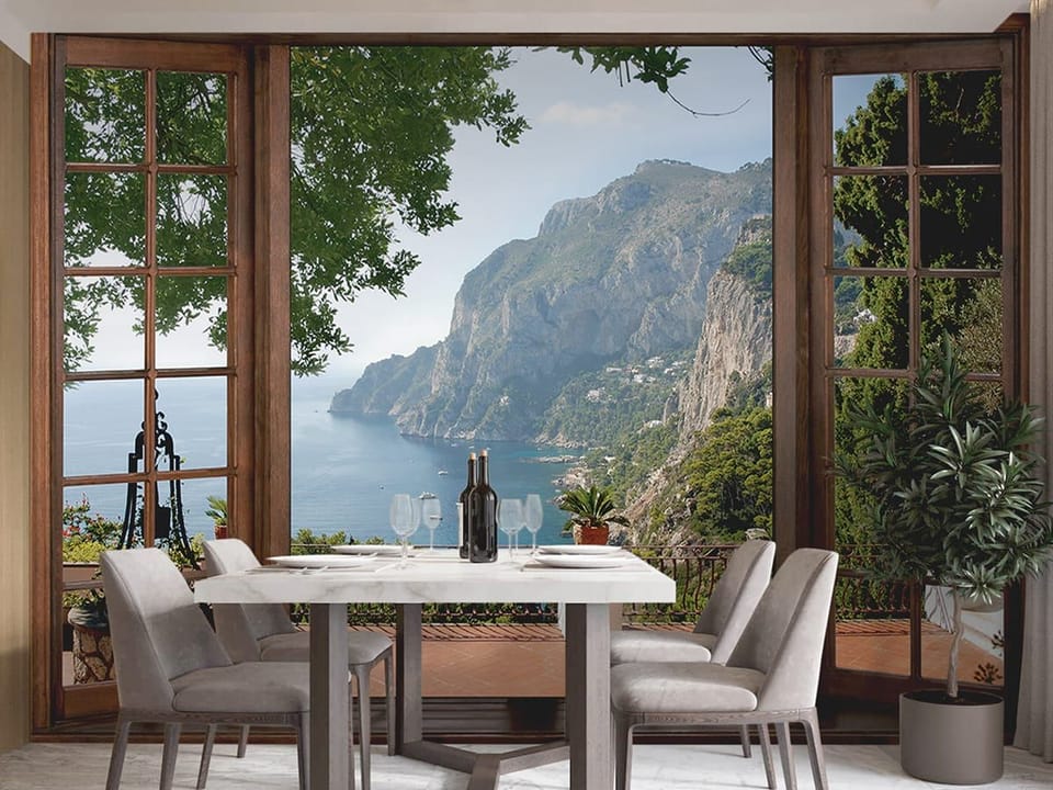 Fototapeta Widok na morze przez okno we wnętrzu kuchni