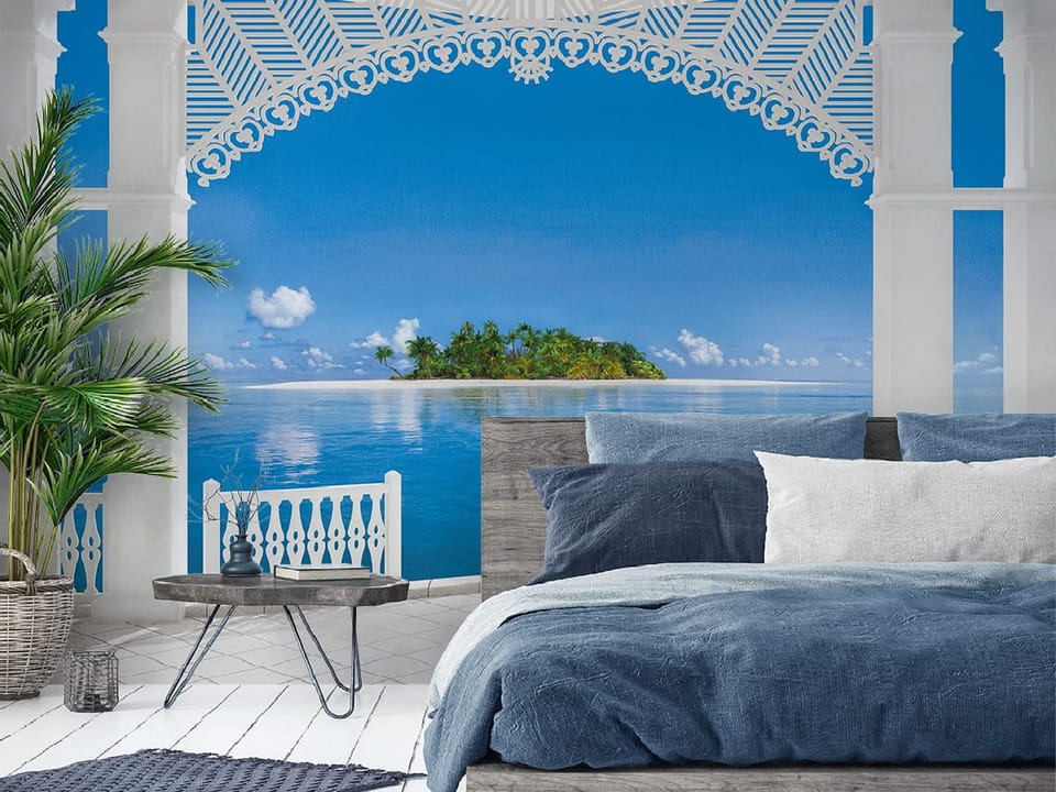 Fototapeta Widok na tropikalną wyspę z tarasu we wnętrzu sypialni