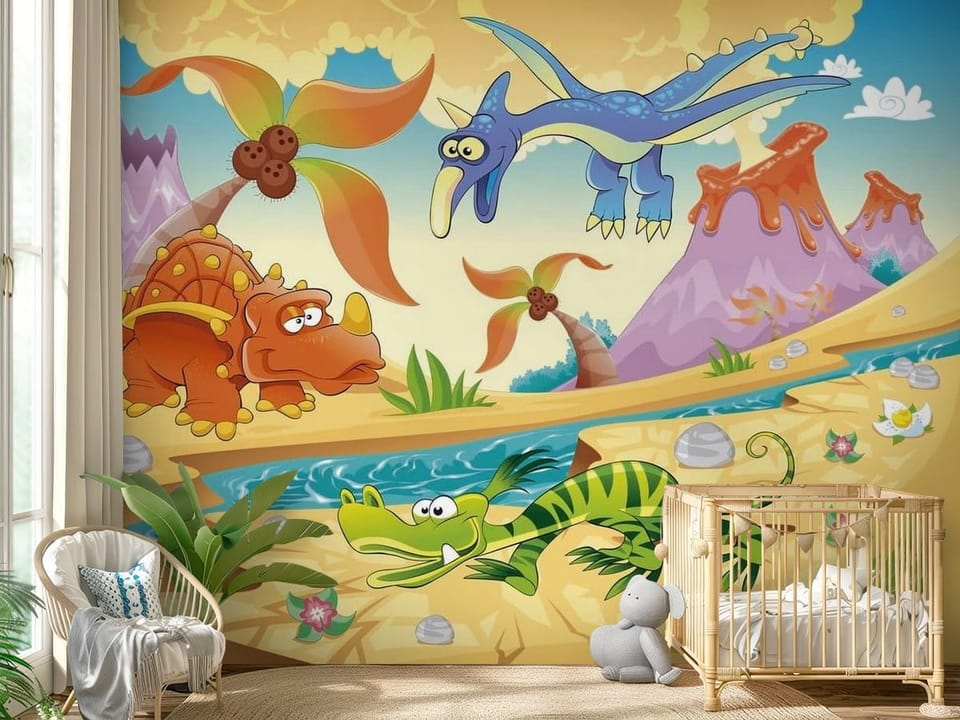 Fototapeta z kolorowymi dinozaurami i wulkanem w tle, idealna do pokoju dziecięcego. - przytulny pokój dziecięcy