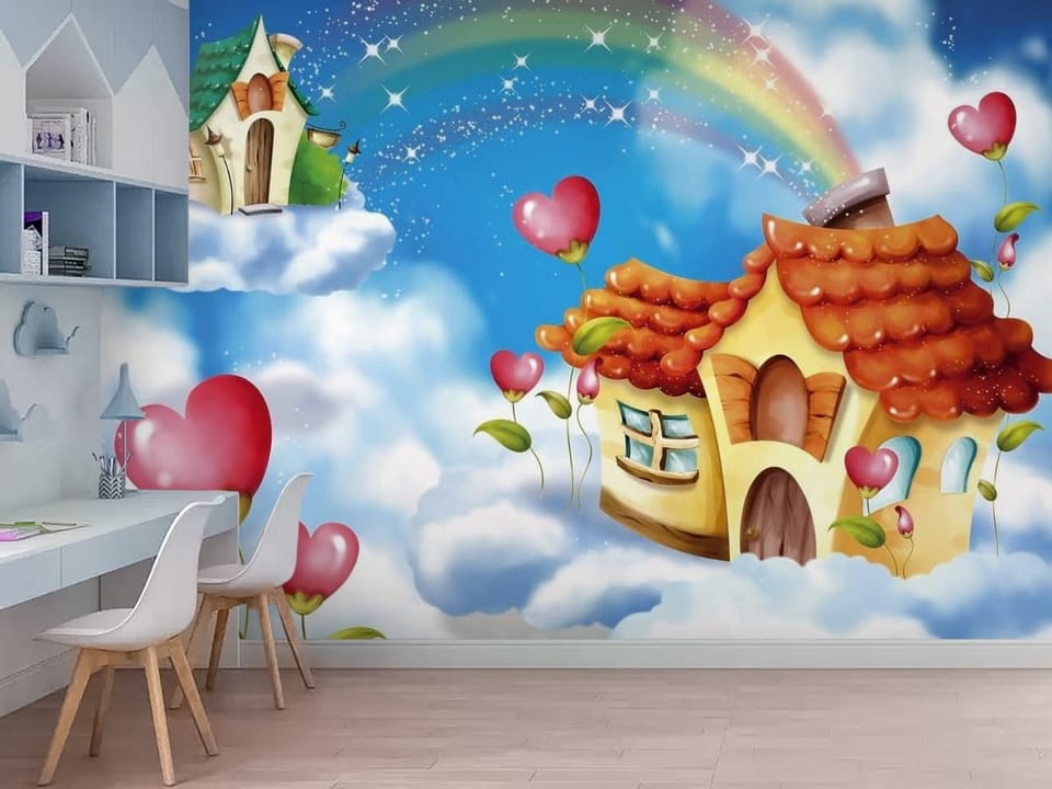 Fototapeta z fantazyjnym domkiem na chmurze, tęczą i kwiatami - nowoczesne wnętrze w pokoju dziecięcym