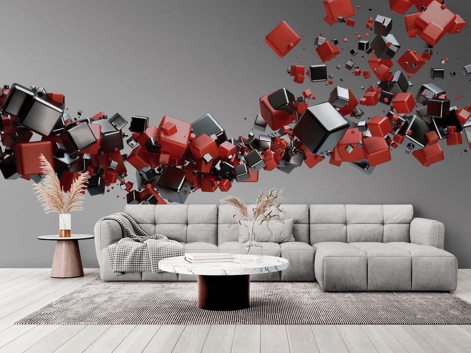 Fototapeta z unoszącymi się czerwonymi i czarnymi sześcianami na szarym tle - elegancki salon w stylu minimalistycznym