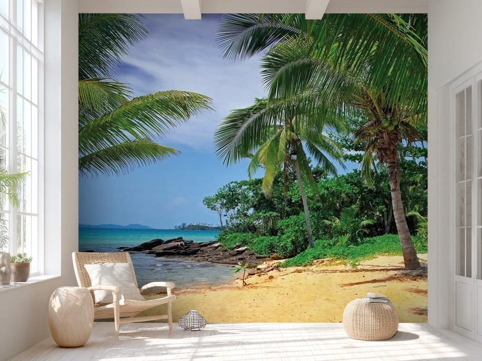 Fototapeta przedstawiająca plażę z palmami i oceanem na tle błękitnego nieba - aranżacja minimalistycznego przedpokoju