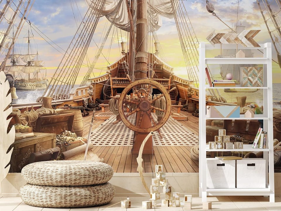 Fototapeta Pokład drewnianego statku żaglowego we wnętrzu pokoju nastolatka