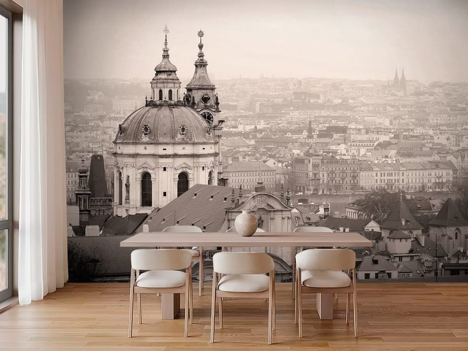 Fototapeta z kopułą barokowego kościoła i panoramą miasta - strefa jadalniana w kuchni w kremowych kolorach