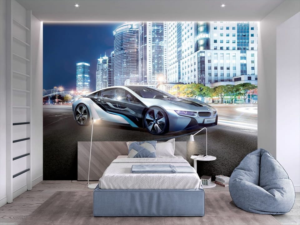 Fototapeta Nowoczesny samochód w miejskiej scenerii we wnętrzu pokoju nastolatka