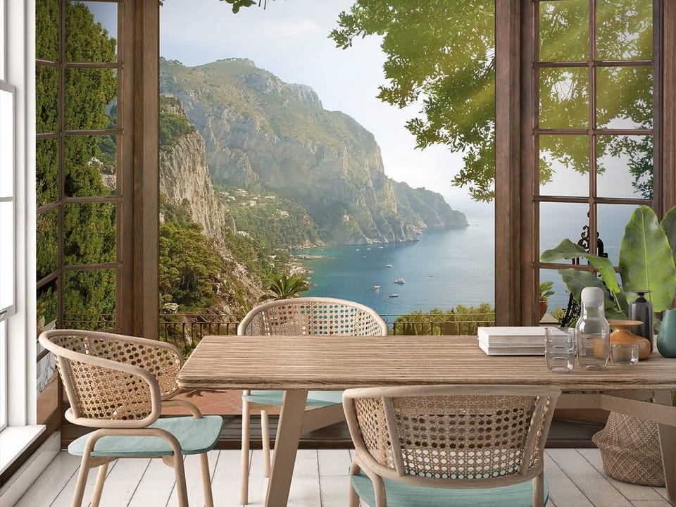 Fototapeta Widok na morze przez okno we wnętrzu kuchni