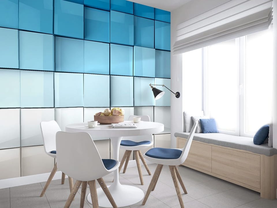 Fototapeta Trójwymiarowe Niebieskie Kostki we wnętrzu kuchni