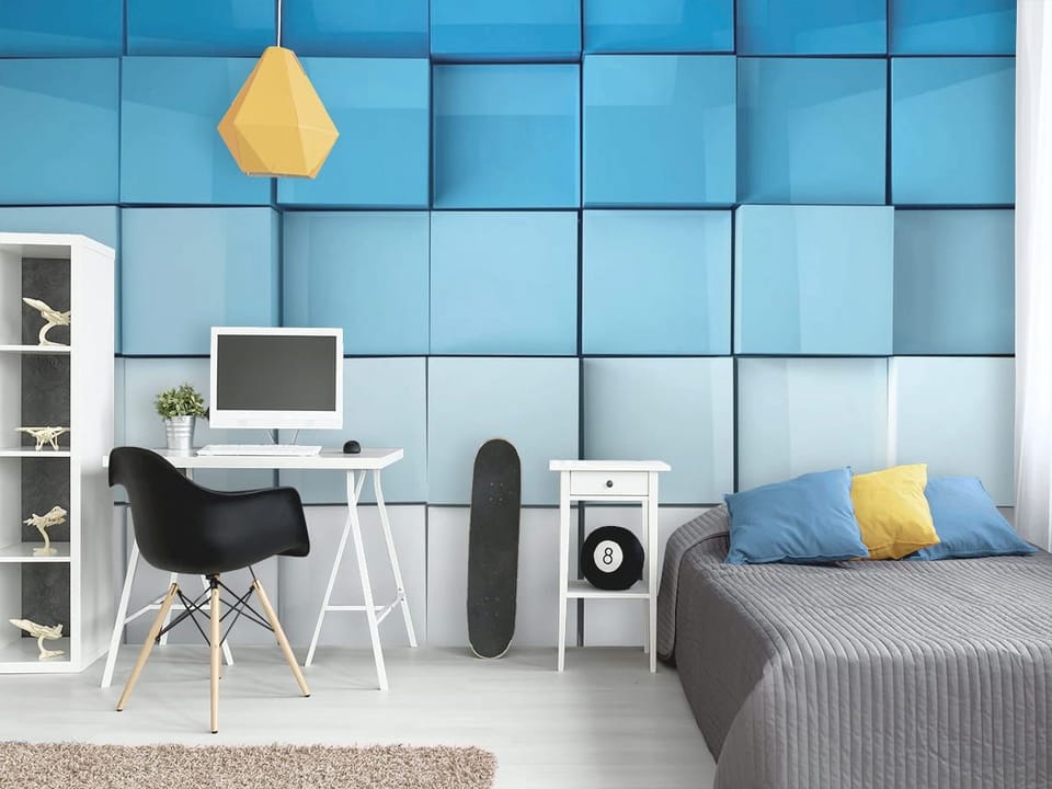 Fototapeta Trójwymiarowe Niebieskie Kostki we wnętrzu pokoju nastolatka