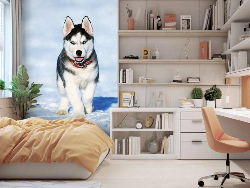Fototapeta przedstawiająca psa husky z niebieskimi oczami i czerwoną obrożą na śnieżnym tle - nowoczesna dekoracja w pokoju nastolatka