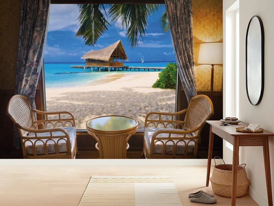 Fototapeta z widokiem na tropikalną plażę z drewnianym domkiem na palach - inspiracji do minimalistycznego przedpokoju