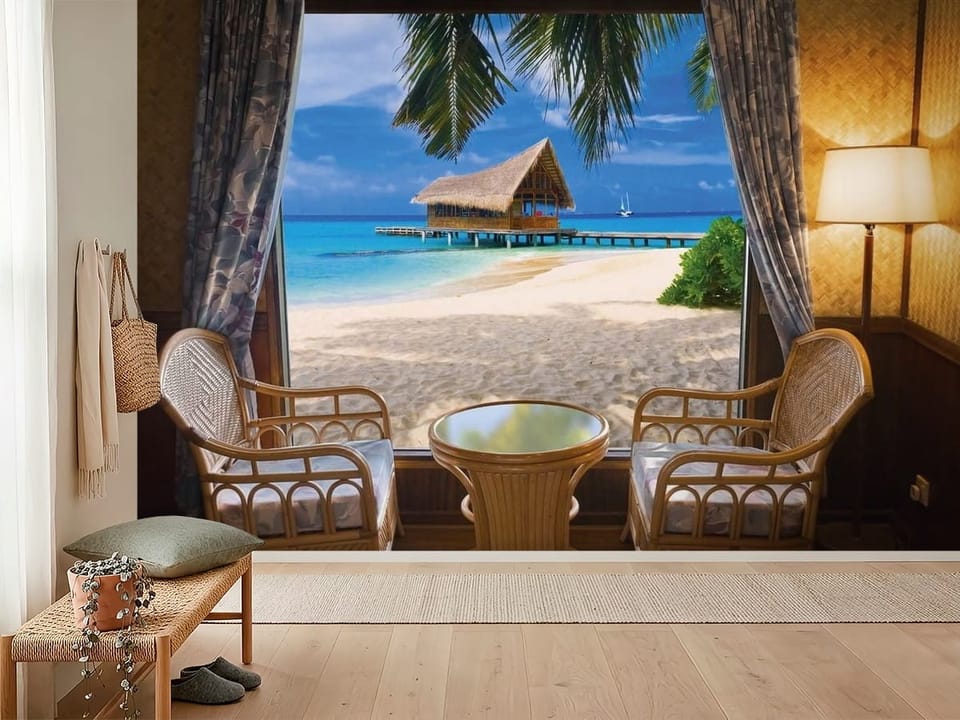 Fototapeta z widokiem na tropikalną plażę z drewnianym domkiem na palach - widok na ścianę w przytulnym przedpokoju