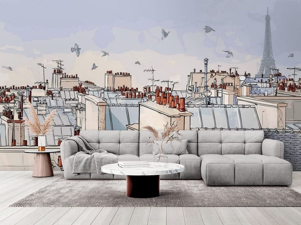 Fototapeta z ilustracją dachów miejskich z kominami i wieżą w tle. - elegancki salon w stylu minimalistycznym