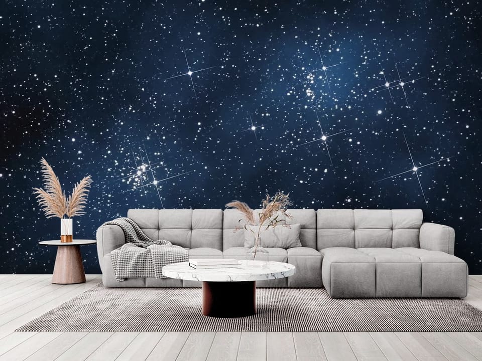 Fototapeta przedstawiająca rozgwieżdżone nocne niebo z jasnymi gwiazdami - elegancki salon w stylu minimalistycznym