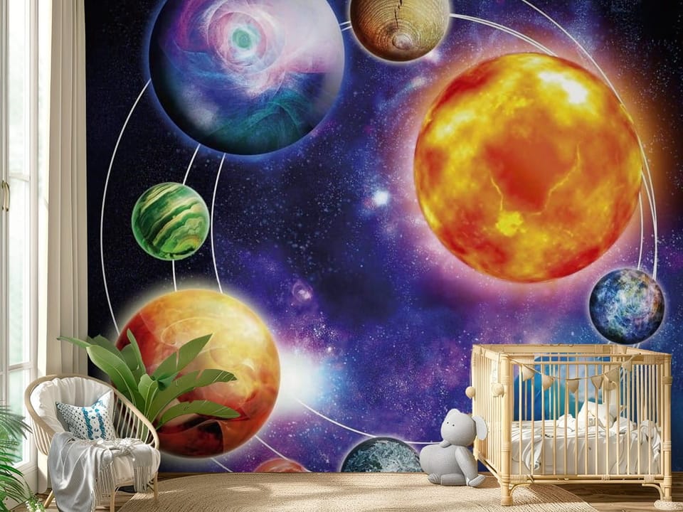Fototapeta z planetami układu słonecznego na tle kosmosu z jasnym słońcem - przytulny pokój dziecięcy