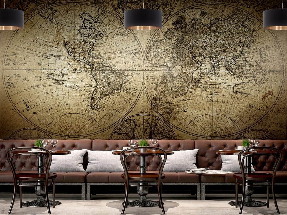 Fototapeta Stara Mapa Świata z Kontynentami we wnętrzu kawiarni