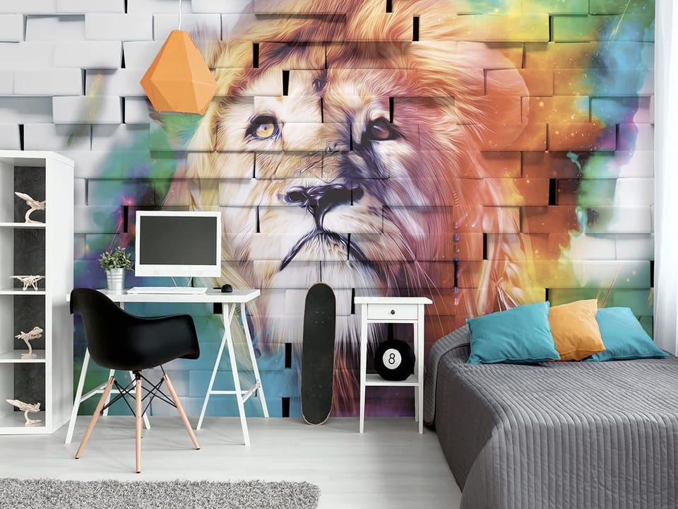 Fototapeta Lew na tle ceglanej ściany we wnętrzu pokoju nastolatka