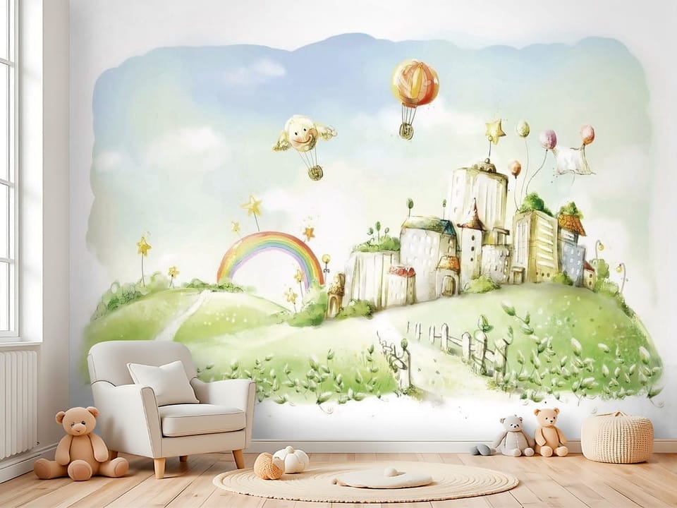 Fototapeta z fantastycznym miastem na wzgórzu, z tęczą i balonami - kreatywna przestrzeń do zabawy w pokoju dziecka