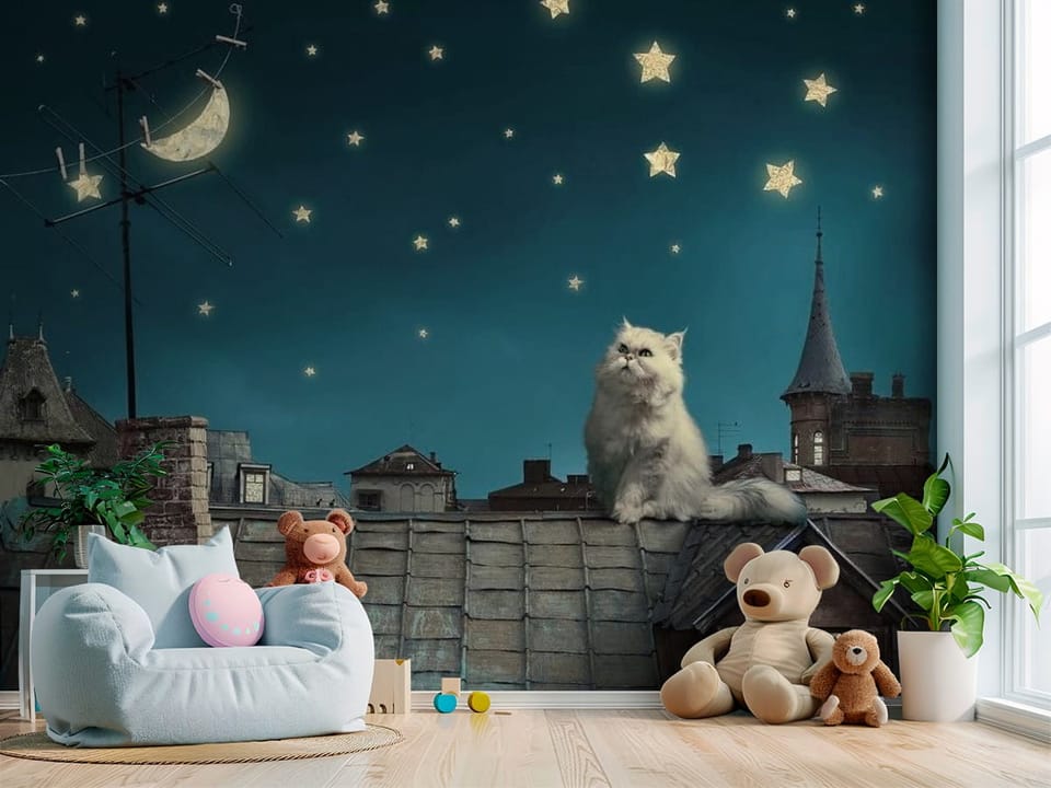 Fototapeta z kotem na dachu, gwiazdami i księżycem na nocnym niebie - przytulny kącik do zabawy w pokoju dziecka
