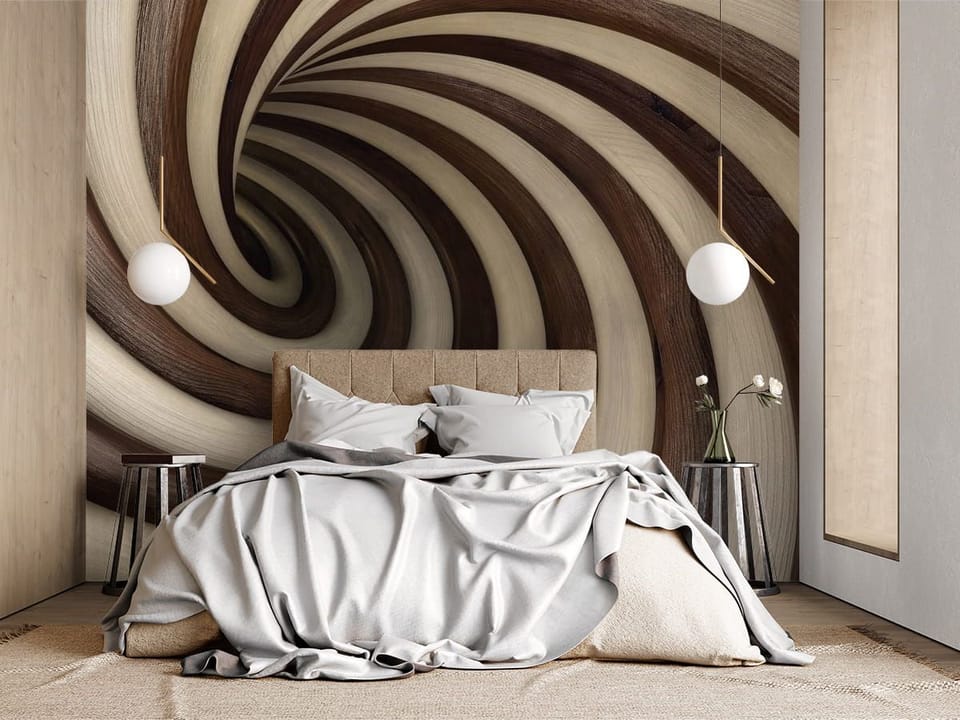 Fototapeta Spiralny Tunel w Drewnianych Tonach - aranżacja w sypialni
