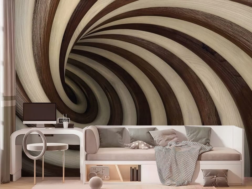 Fototapeta z spiralnym wzorem w drewnianych tonach, koncentryczne kręgi - nowoczesny pokój nastolatka