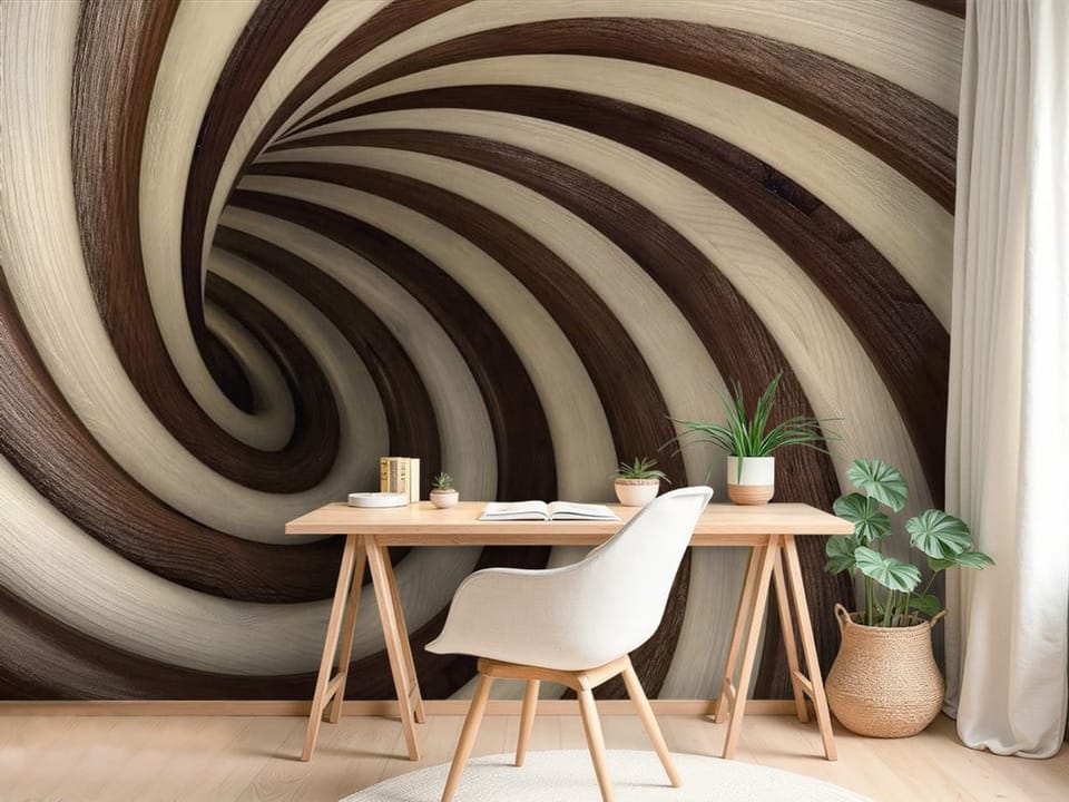 Fototapeta z spiralnym wzorem w drewnianych tonach, koncentryczne kręgi - ściana za biurkiem w pokoju nastolatka