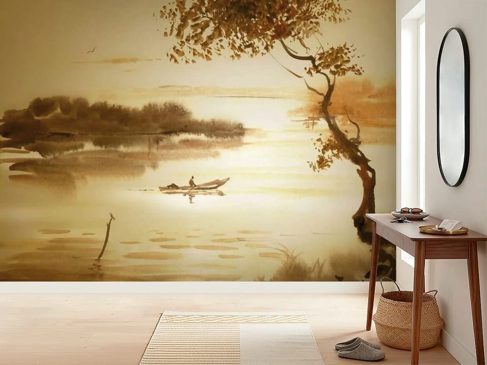 Fototapeta z drzewem nad jeziorem, łódką i zaroślami - inspiracji do minimalistycznego przedpokoju
