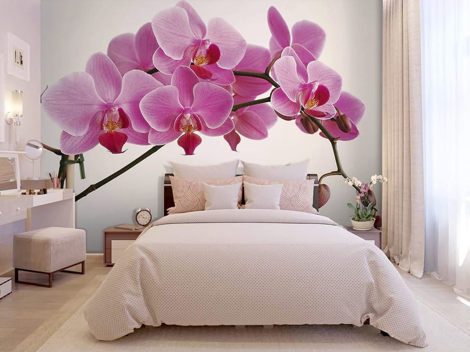 Fototapeta Różowe storczyki na gałązce we wnętrzu sypialni