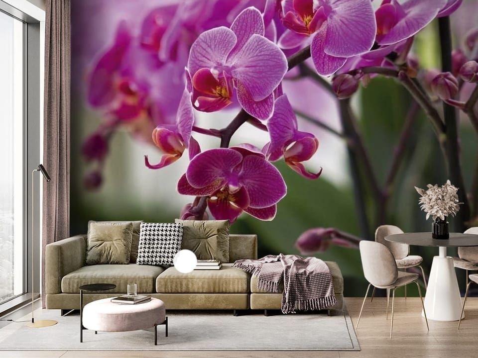 Fototapeta z fioletowymi kwiatami orchidei na delikatnych łodygach i zielonym tle - ściana akcentowa w salonie z dużym oknem