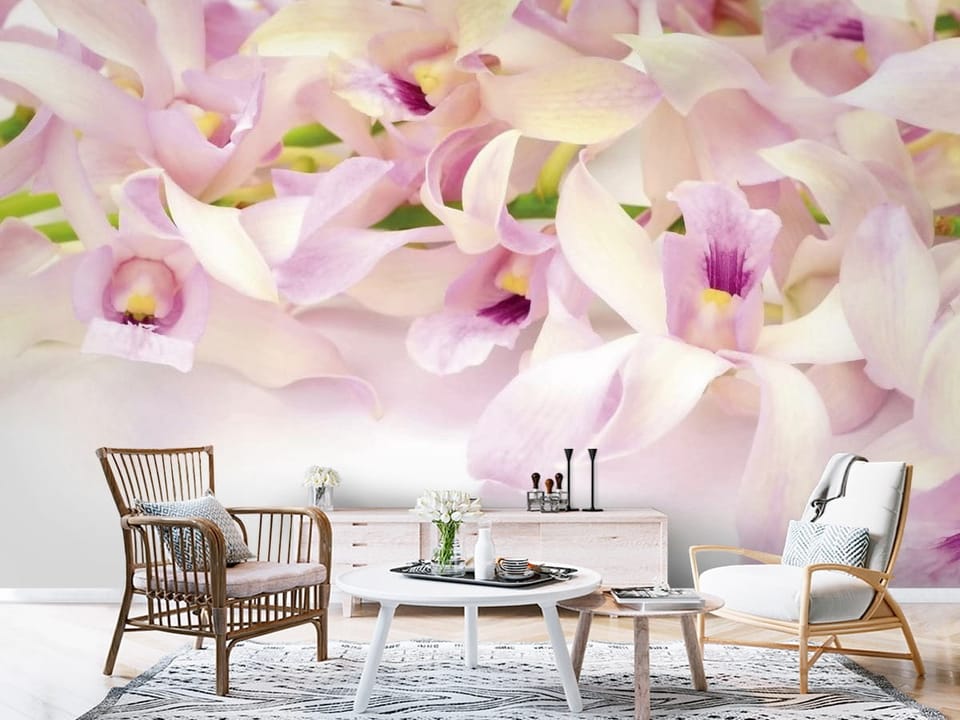 Fototapeta z jasnoróżowymi kwiatami orchidei na jasnym tle - aranżacja przedpokoju w stylu skandynawskim