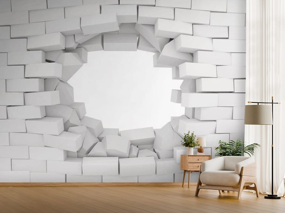 Fototapeta z efektem 3D przedstawiająca dziurę w białej ceglanej ścianie - jasny przedpokój w stylu minimalistycznym