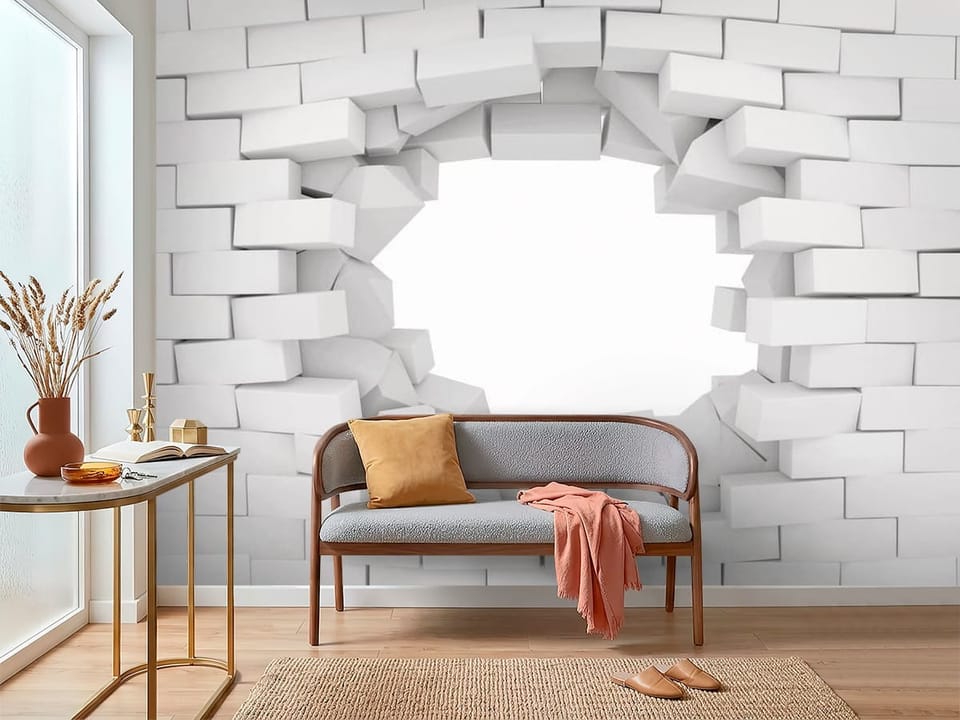 Fototapeta z efektem 3D przedstawiająca dziurę w białej ceglanej ścianie - inspiracja do nowoczesnego przedpokoju