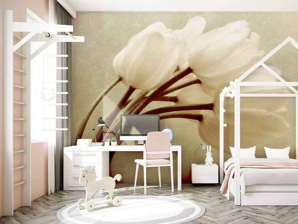 Fototapeta Bukiet białych tulipanów we wnętrzu pokoju nastolatka