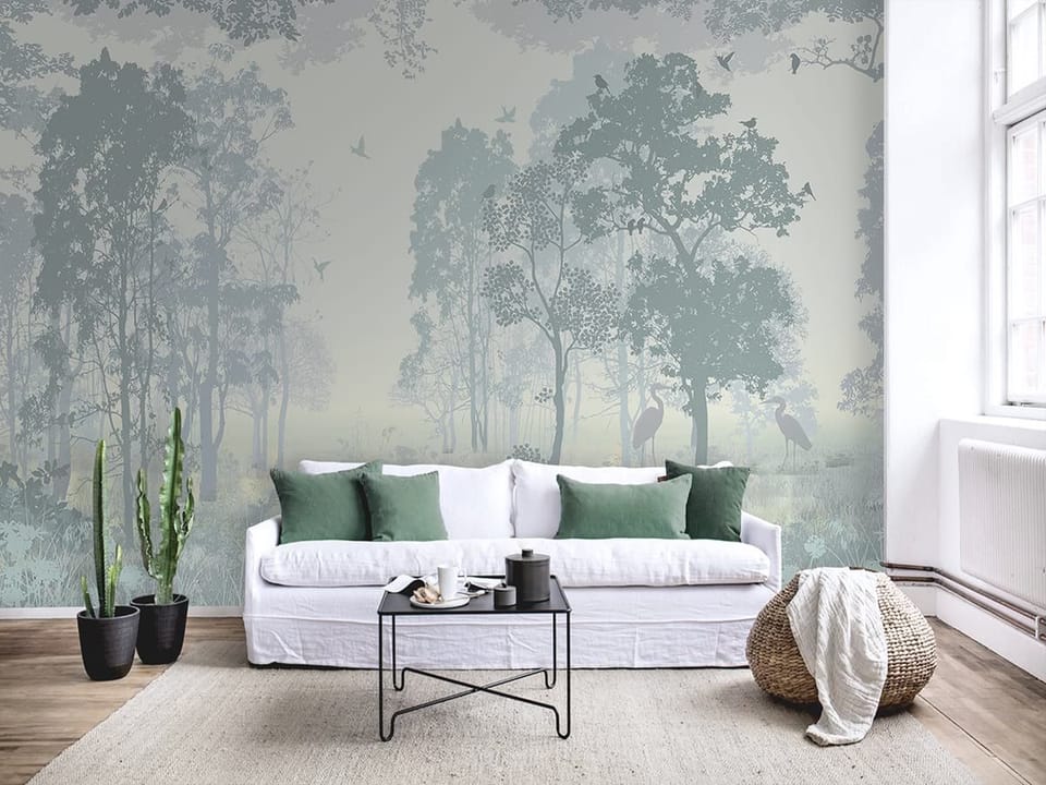 Fototapeta Mglisty las z ptakami we wnętrzu salonu