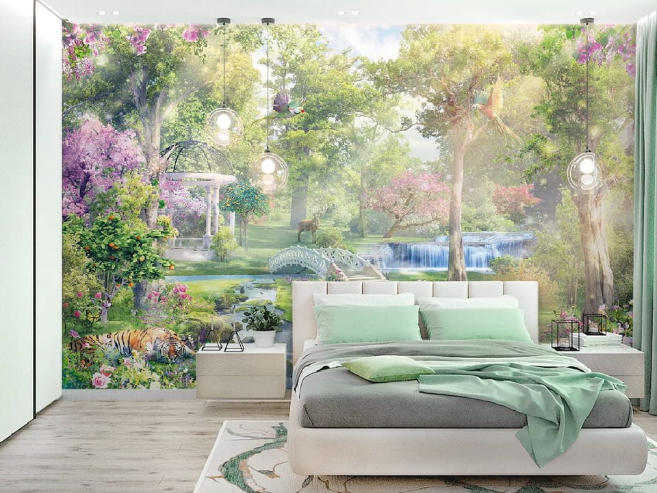 Fototapeta Bujny ogród z mostkiem we wnętrzu sypialni
