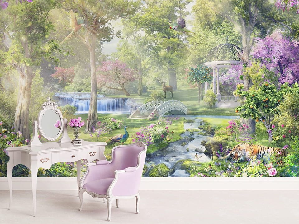 Fototapeta Bujny ogród z mostkiem we wnętrzu przedpokoju