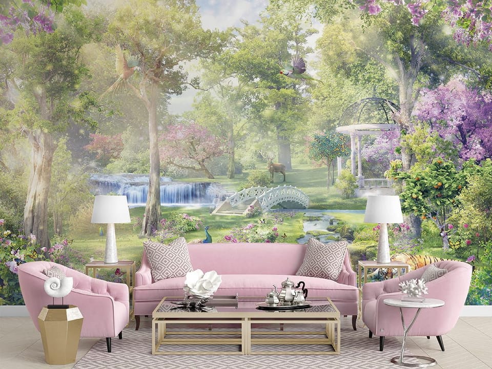 Fototapeta Bujny ogród z mostkiem we wnętrzu salonu