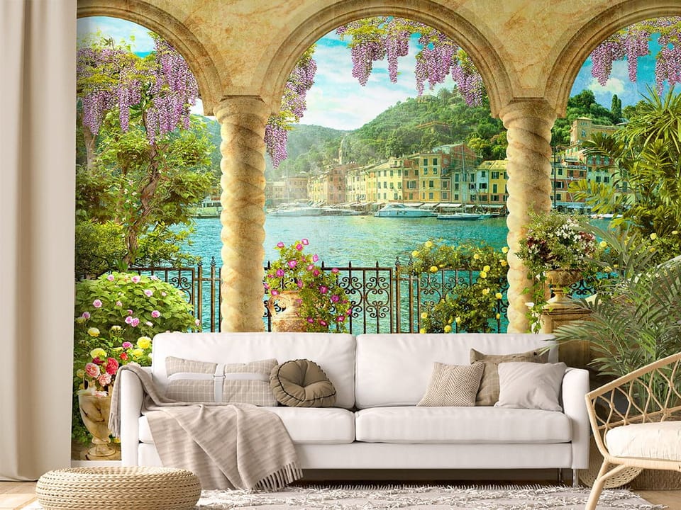 Fototapeta Widok na port przez arkady we wnętrzu salonu