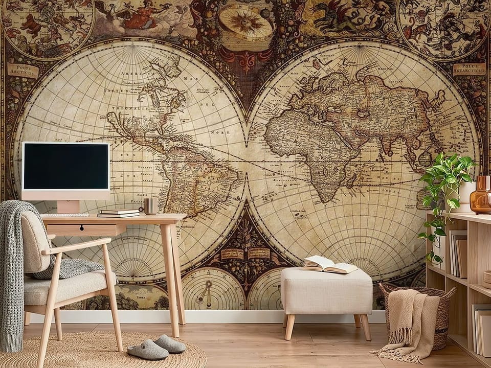 Fototapeta przedstawiająca starą mapę świata z ozdobnymi ramkami i ilustracjami. - ściana w minimalistycznym pokoju nastolatka
