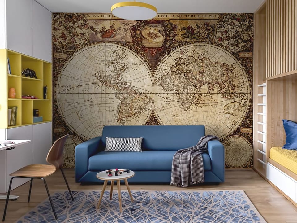 Fototapeta Stara mapa świata z kontynentami - aranżacja w pokoju nastolatka