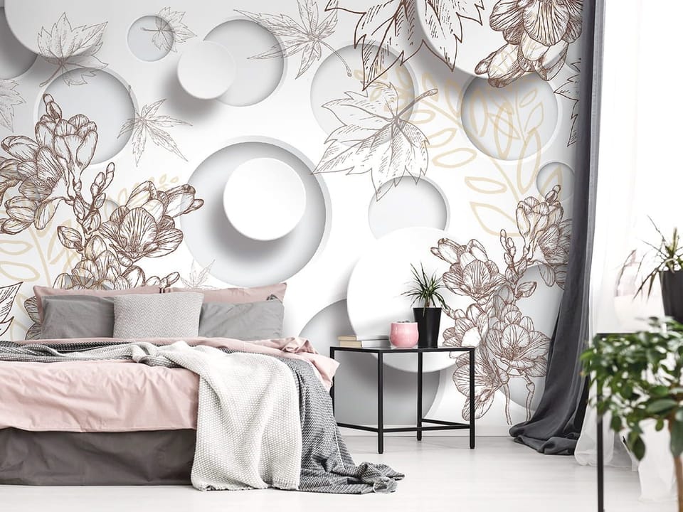 Fototapeta Kwiaty i Liście na Okręgach we wnętrzu sypialni