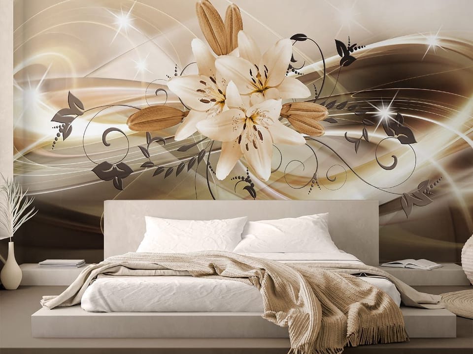 Fototapeta Lilie i ornamenty roślinne we wnętrzu sypialni