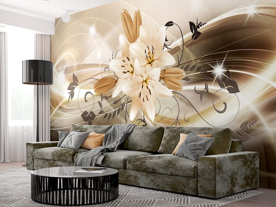 Fototapeta Lilie i ornamenty roślinne we wnętrzu salonu