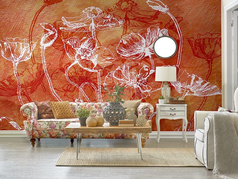 Fototapeta Białe kontury maków na czerwonym tle we wnętrzu salonu