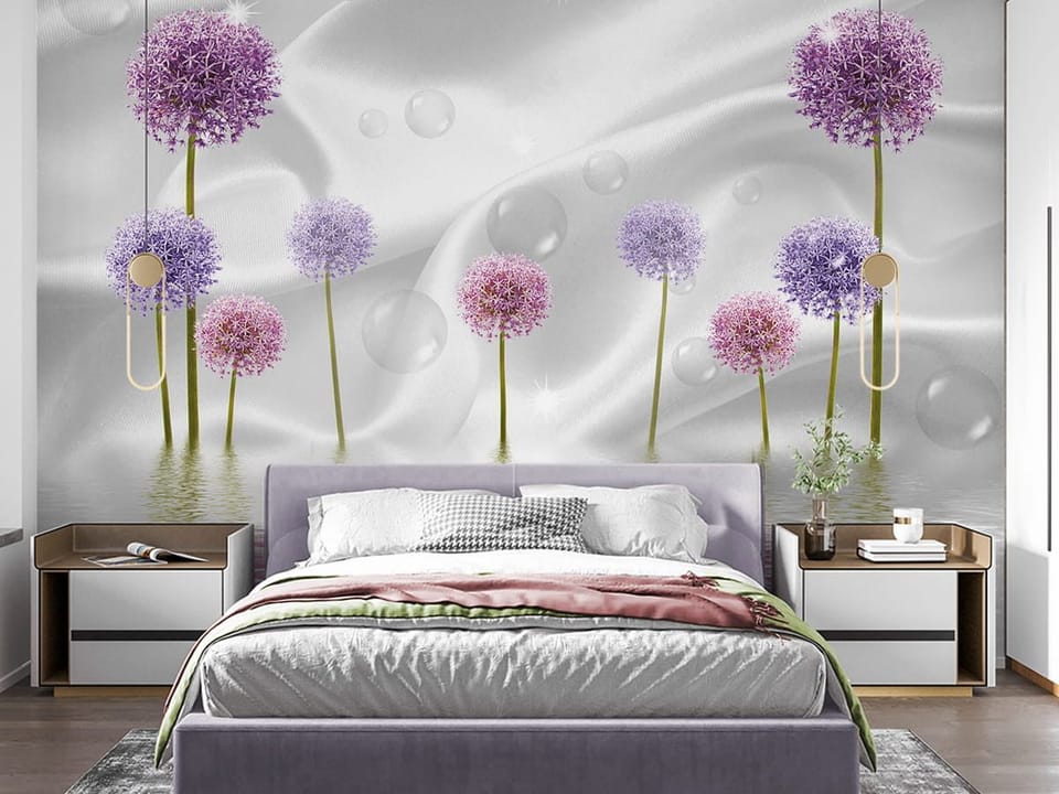 Fototapeta Egzotyczne kwiaty na tkaninie we wnętrzu sypialni