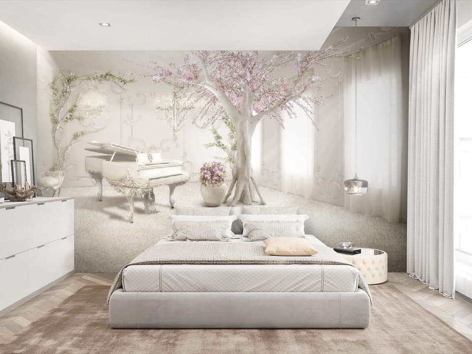 Fototapeta Fortepian i Kwitnące Drzewo we wnętrzu sypialni