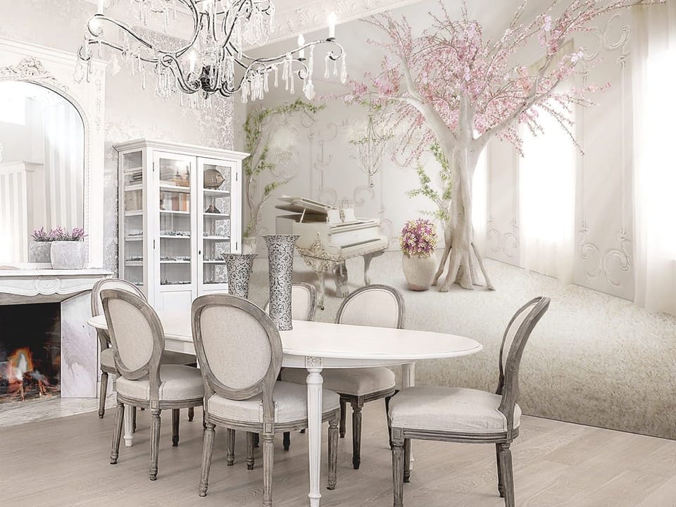 Fototapeta Fortepian i Kwitnące Drzewo we wnętrzu kuchni