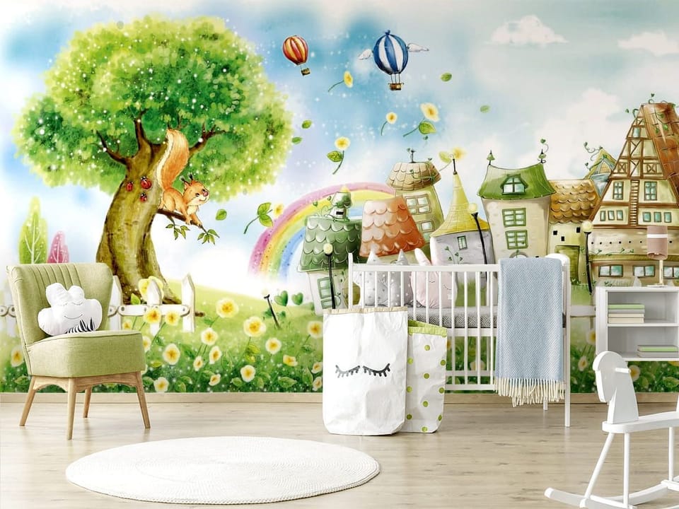 Fototapeta Drzewo z Wiewiórką i Tęczą we wnętrzu pokoju dziecka