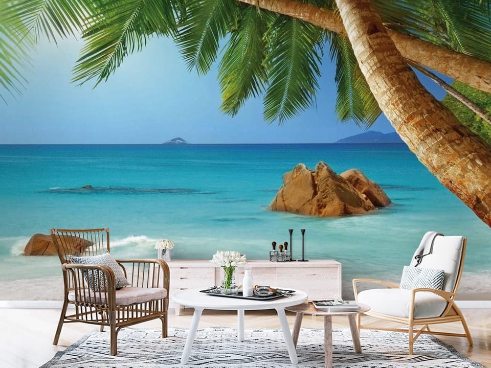 Fototapeta z piaszczystą plażą, palmami i błękitnym oceanem - aranżacja przedpokoju w stylu skandynawskim