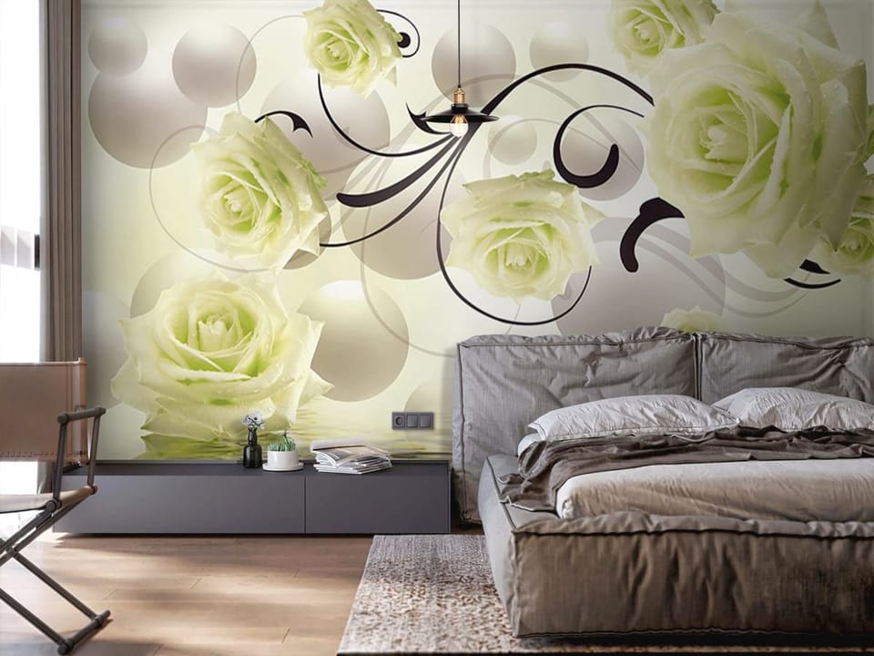 Fototapeta Białe róże na abstrakcyjnym tle we wnętrzu sypialni