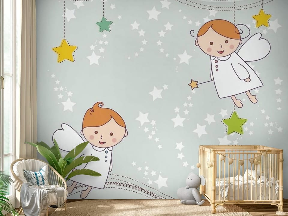 Fototapeta z dwoma uśmiechniętymi aniołkami i kolorowymi gwiazdkami - przytulny pokój dziecięcy